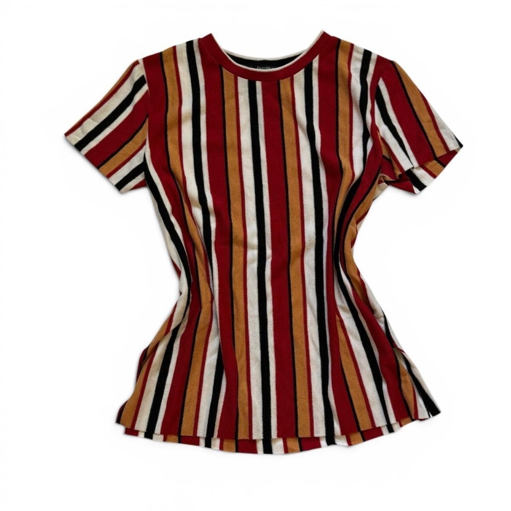 Bershka Women Vertical Stripe Knit Top Red Cream Mustard XS Retro 70s Style